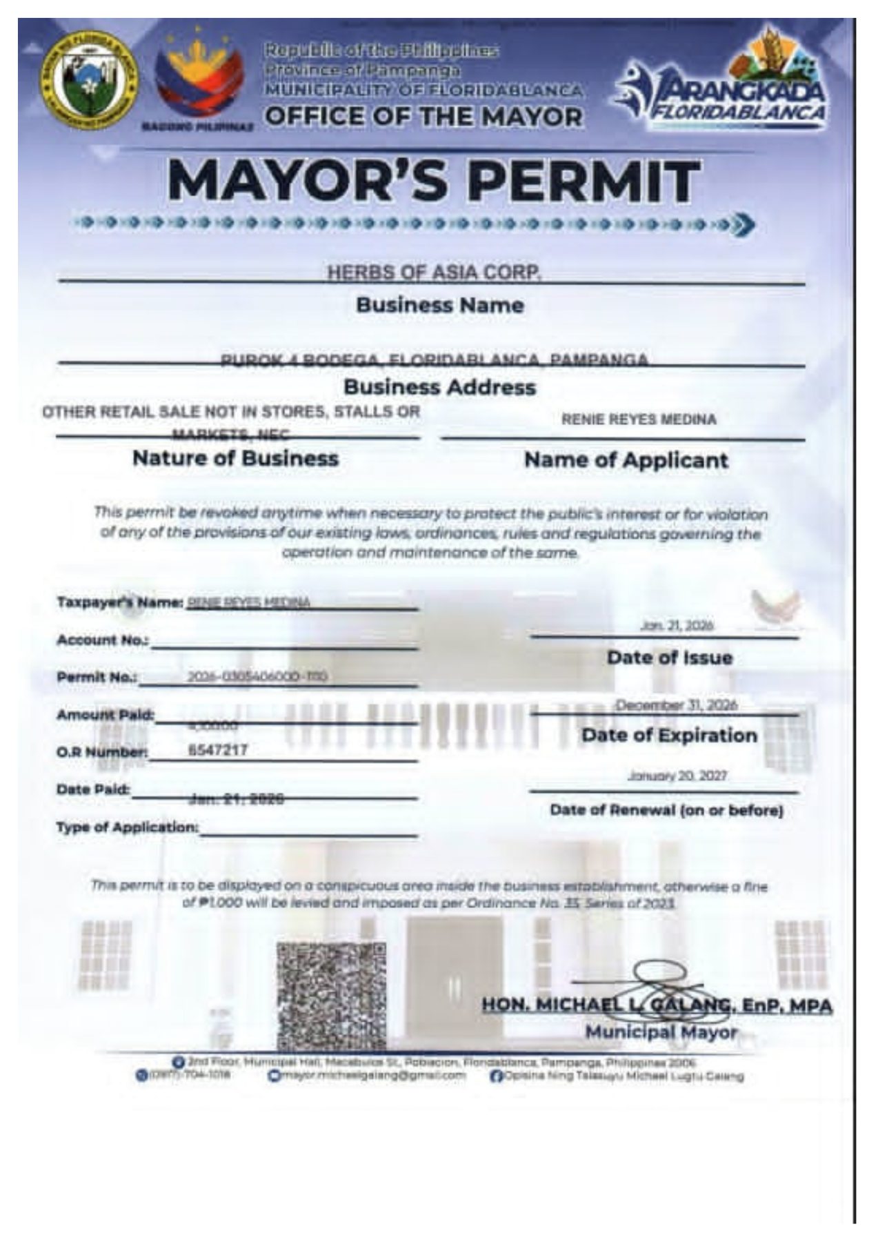 MAYOR'S PERMIT